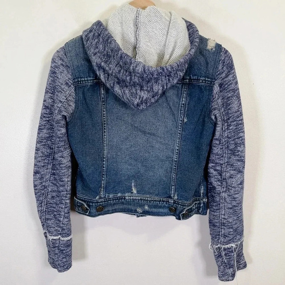 Free People Mixed Media Distressed Denim Jacket  with Knit Sleeves - Picture 16 of 16